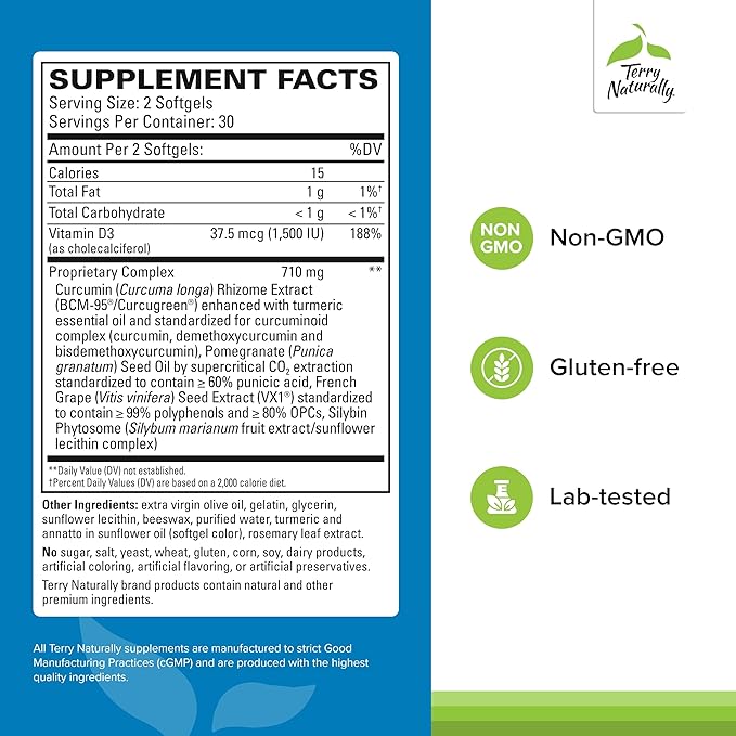 Terry Naturally Healthy PSA Levels - Dietary Supplement for Healthy Prostate &amp Hormone Balance Support - Herbal Supplement with Curcumin Turmeric Essential Oil &amp Grape Seed Extract - 60 Softg