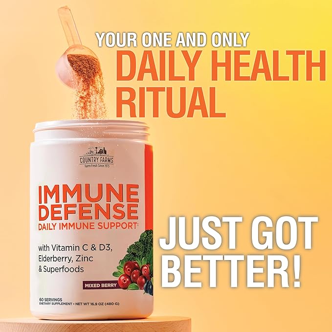 Country Farms Immune Defense Superfoods Immune Support Supplement Vitamin C with Black Elderberry Echinacea Turmeric Supports Hydration with Probiotics and Prebiotics Berry Flavor 60 Servings