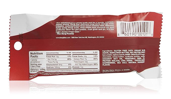 Berg Oat N' Energy Bar | Raspberry Dark Chocolate | Plant Based Protein Bar | Non-GMO Gluten Free Nut Free and Vegan | Low Sugar Healthy Snack Bar | High Fiber | On The Go | 2.5oz (8 Packs)