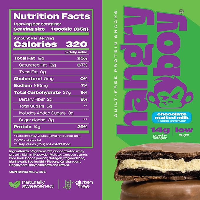 Hangryboy Protein Cookie Sandwich – 14g High Protein Gluten‑Free GMO‑Free Cookies - Perfect on The Go Protein Snack Variety Pack 12‑Count Box