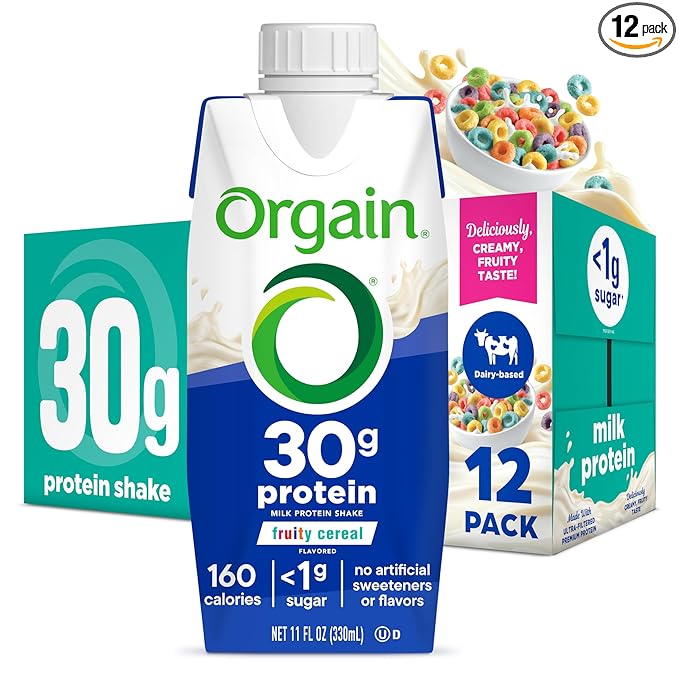 Orgain 30g High Protein Shake Dairy Isolate Milk Protein Fruity Cereal 5g BCAAs &lt1g Sugar Per Serving Meal Replacement Ready to Drink Keto Friendly Gluten-Free 11 Fl Oz (Pack of 12)