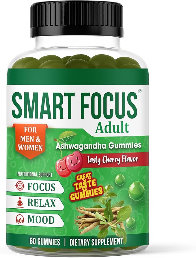 Ashwagandha Gummies for Focus Support - Organic Ashwagandha Supplement for Men &amp Women Brain &amp Memory Support Adaptogenic Calm Gummies with Ashwagandha Root - 60 Gummies