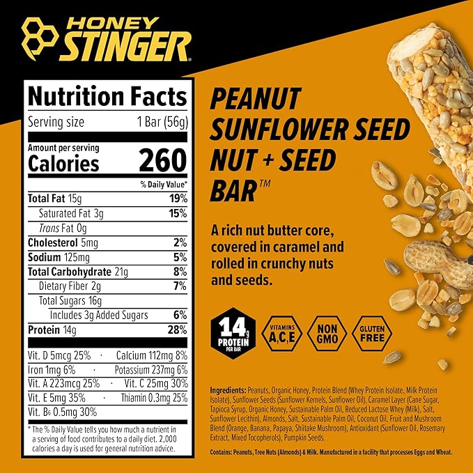 Honey Stinger Nut + Seed Bar Peanut Sunflower Seed Protein Packed Food for Exercise Endurance and Performance and Recovery Sports Nutrition Snack Bar for Home &amp Gym Post Workout 12 Pack