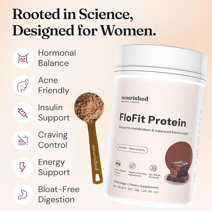 Nourished Natural Health FloFit Pea Protein Powder - Hormone Balance for Women - Vegan Plant Based Protein with Low Carbs - Acne Friendly Cycle Friendly Easy to Digest - Gluten-Free Caffeine-Free
