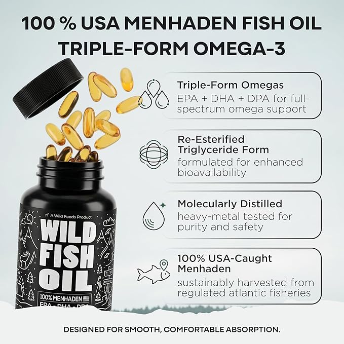 Wild Foods Omega 3 Fish Oil Supplement 120 Capsules (2 pk) | Wild Caught Burpless Odorless Non-GMO Gluten Free | DPA DHA EPA Triple Strength Joint Nutrition for Women &amp Men
