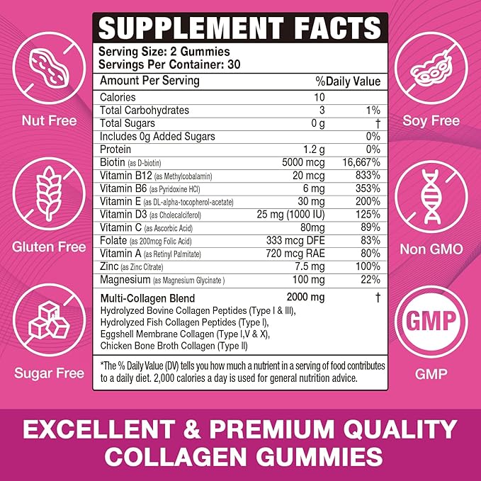 2-Pack Collagen Gummies for Women &amp Men - with Biotin Vitamin C &amp Zinc for Skin Radiance Hair Growth Strong Nails &amp Joint Support 120 Count
