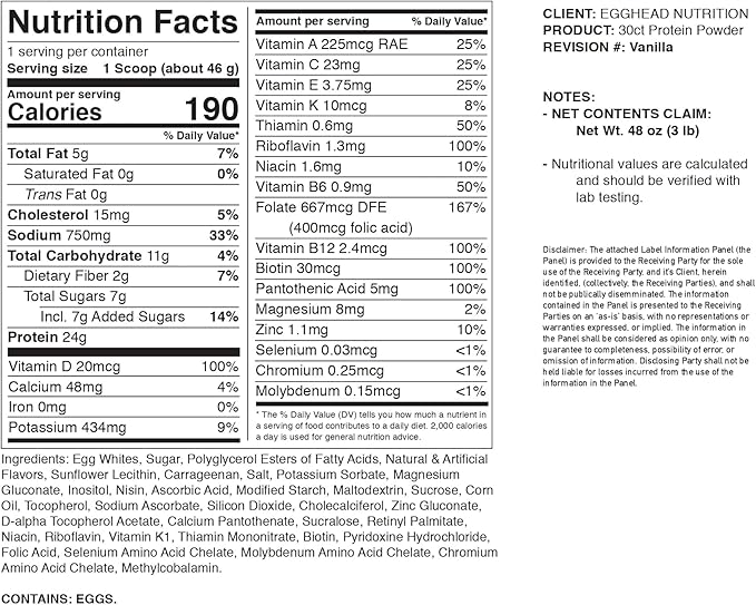 Egghead Nutrition - Egg White Protein - 24 G (Grams) 3.3 Pound Non Dairy Gluten Free Non GMO Made in The USA (Vanilla)