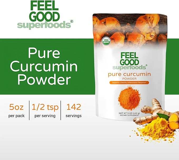 FEEL GOOD Superfoods Pure Curcumin Powder Organic Non-GMO Vegan from Bulk Ground Turmeric Root from India Curcuma Longa Joint Supplement 5 oz