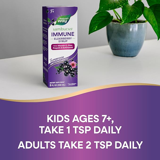 Nature's Way Sambucus Immune Elderberry Syrup Elderberry extract Vitamin C and Zinc with Propolis &amp Echinacea for Immune Support* with Superfood Antioxidants(1) 8 Fl Oz (Packaging May Vary)