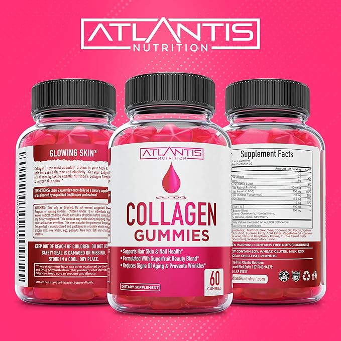 Atlantis Nutrition Collagen 60 Gummies + Sugar Free Prebiotic Fiber Gummies for Adults 2-Pack (120 Gummies)