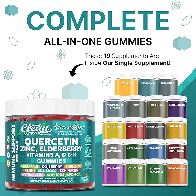 Clean Quercetin Elderberry Immune Support Gummies | Zinc Vitamin K2 D3 A Bromelain Goji Berry Turmeric Sea Moss Echinacea Astragalus Selenium Olive Leaf Immunity Supplement Gummy Vitamins