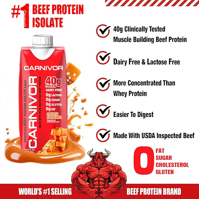 MuscleMeds Carnivor RTD Ready to Drink Protein Lactose Free Sugar Free 40g Isolate Protein Muscle Building Recovery Halal Certified Salted Caramel 16.9 Fl Oz (Pack of 12)
