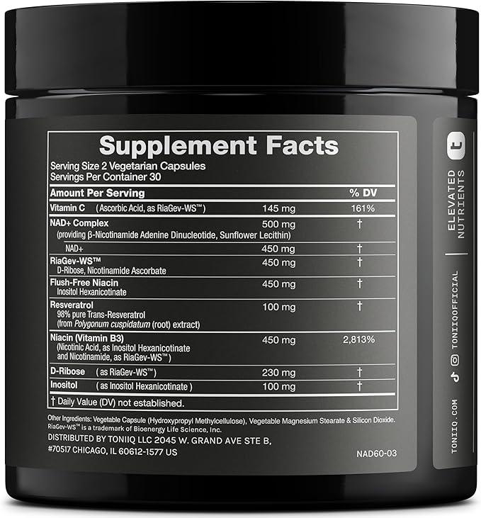 Toniiq Liposomal NAD+ and Resveratrol Supplement - 1500mg Ultra High Strength NAD Supplement - Clinically Studied Ingredients with Patented RiaGev-WS™ Resveratrol and Niacin - 60 Capsules
