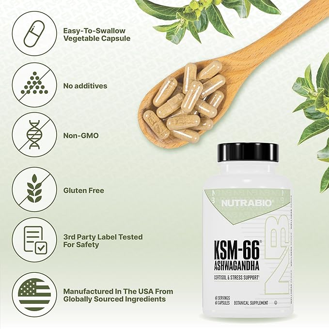 NutraBio Ashwagandha KSM-66 | Ashwagandha Herbal Supplement for Stress Mood &amp Performance | 600 MG of Clinically Studied KSM66 60 Capsules