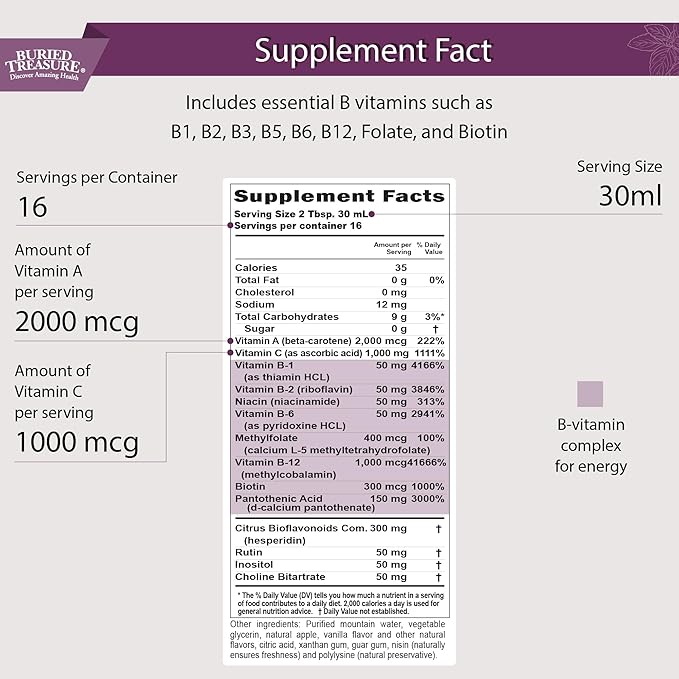 Buried Treasure B Complete - Liquid Vitamin B Complex with MethylCobalamin B12 &amp MethylFolate B9 Biotin B1 B2B3 B5 B6 Liquid &amp Sugar-Free Women &amp Men Dose Cup for Measuring
