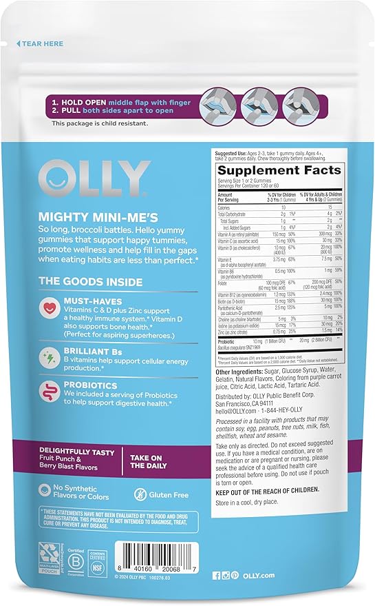 OLLY Kids Multivitamin &amp Probiotic GummyDigestive SupportVitamins ADCEBZincChewable SupplementBerry Flavor60 Day Supply -120 Count (Pack of 2)