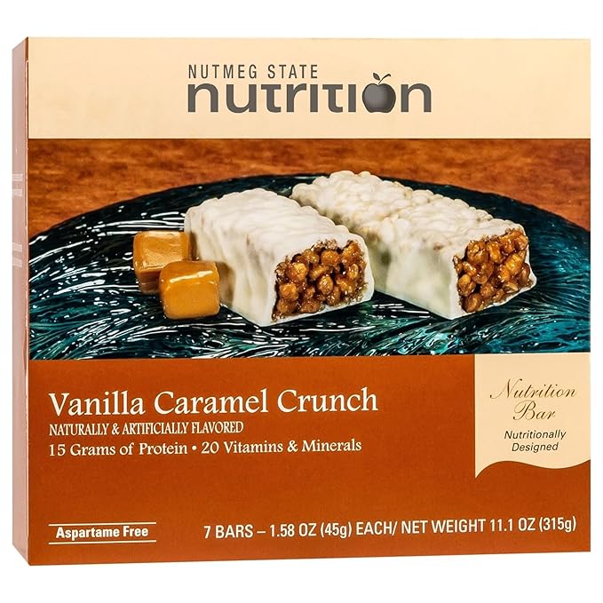 Nutmeg State Nutrition - High Protein Snack Bars 15g Protein 160 Calories Low Sodium 19g Carbs 6g Fiber 7 Servings Per Box (Vanilla Caramel Crunch)