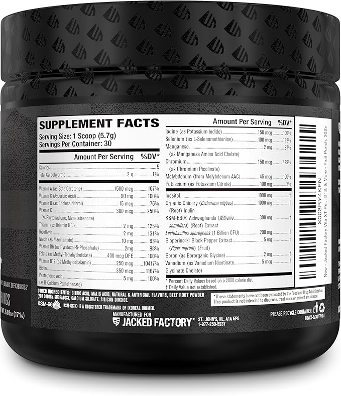 Jacked Factory Vita XT Performance Vitamin Powder - Daily Multivitamin Powder for Men with KSM-66 Ashwagandha Prebiotic Fiber Vitamin A C D K B6 B12 &amp More - Fruit Punch 30Sv