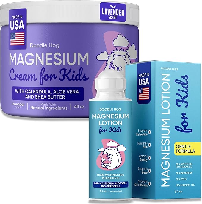 DOODLE HOG Magnesium Lotion for Kids Bundle - Lavender Cream and Unscented Lotion with Calendula Aloe Vera Shea Butter Chamomile - Topical Magnesium Cream for Sleep - USA Made