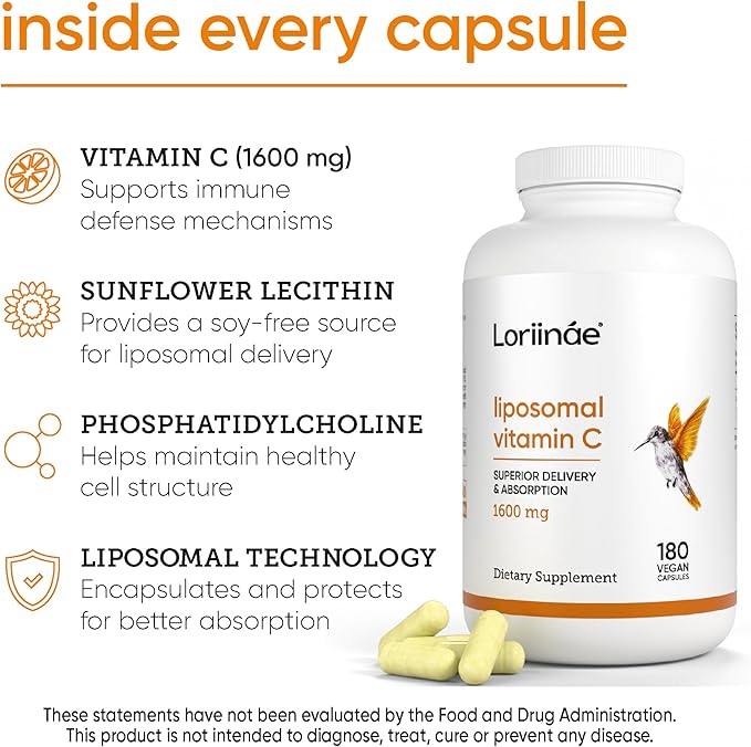 Liposomal Vitamin C 1600mg High Absorption Capsules with Sunflower Lecithin Fat-Soluble Vitamin C Supplement for Immune Collagen and Antioxidant Support 180 Vegan Capsules