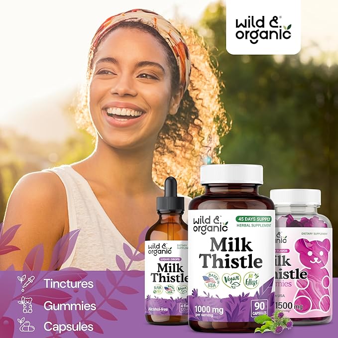 Wild &amp Organic Milk Thistle Capsules 1000mg - Liver Detox Supplements - Silymarin Milk Thistle Powder for Liver Cleanse - 90 Vegan Capsules - 45-Days Supply - No Fillers Non-GMO
