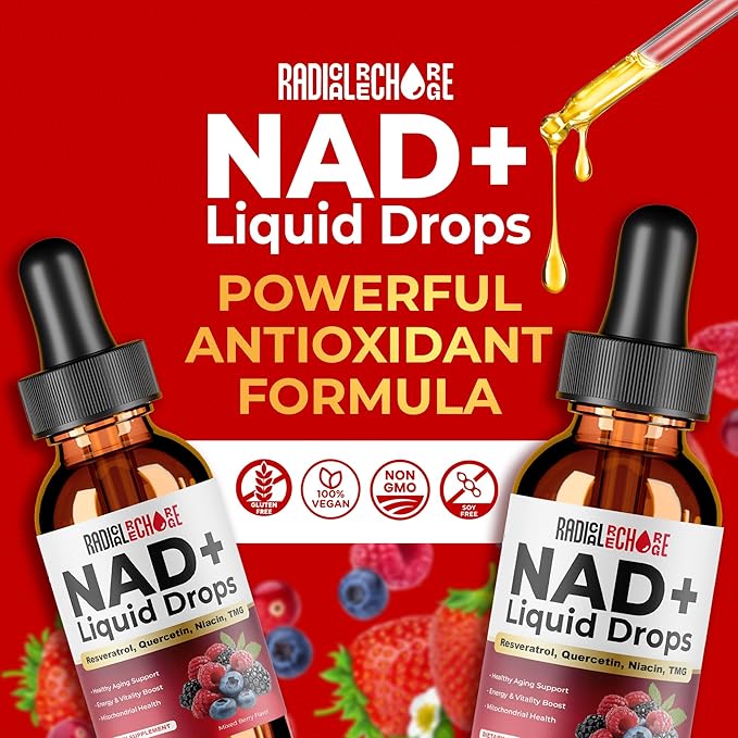 NAD+ Liquid Drops – with Resveratrol Quercetin Niacin &amp TMG – 10-in-1 Nutrient Support Formula for Cellular Energy &amp Wellness – Mixed Berry Flavor – 2 fl oz