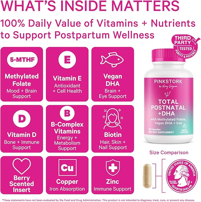 Pink Stork Postnatal Multivitamin + Probiotics with Vegan DHA Ashwagandha Iron Folate B12 - Supports Hormone Balance Postpartum Recovery Gut Health &amp Digestion - Pack of 2