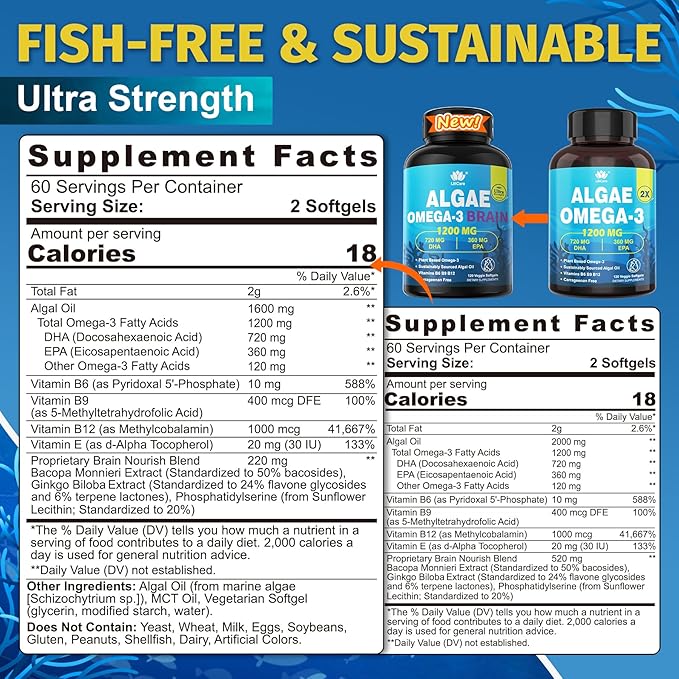 Vegan Omega 3 Supplement 120cts Omega3 Fatty Acids Softgels Fish Oil Alternative Plant-Based DHA EPA Algae Oil Omega-3 Supplement No Fish TasteNon GMO