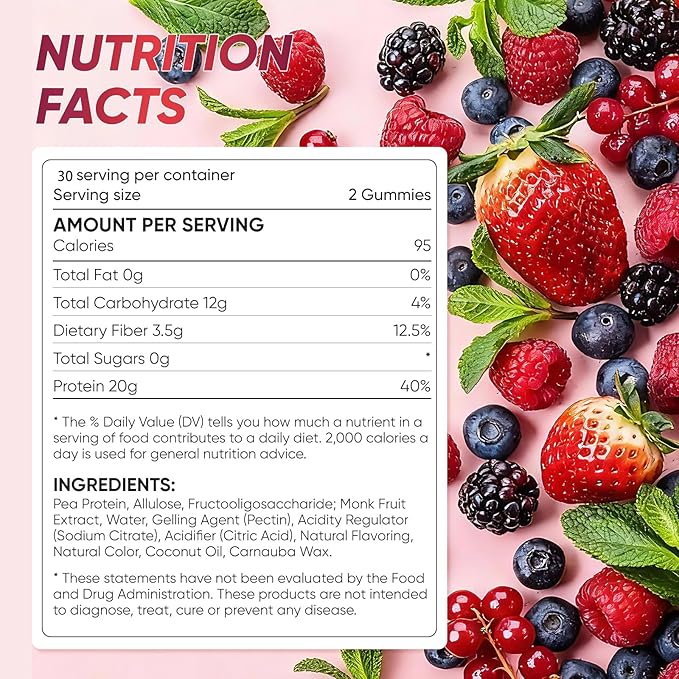OAKA Protein Gummies 20g Protein per Serving Zero Sugar Mixed Berries Flavor Daily Protein Chews for Hair Skin &amp Nails 60 Gummies
