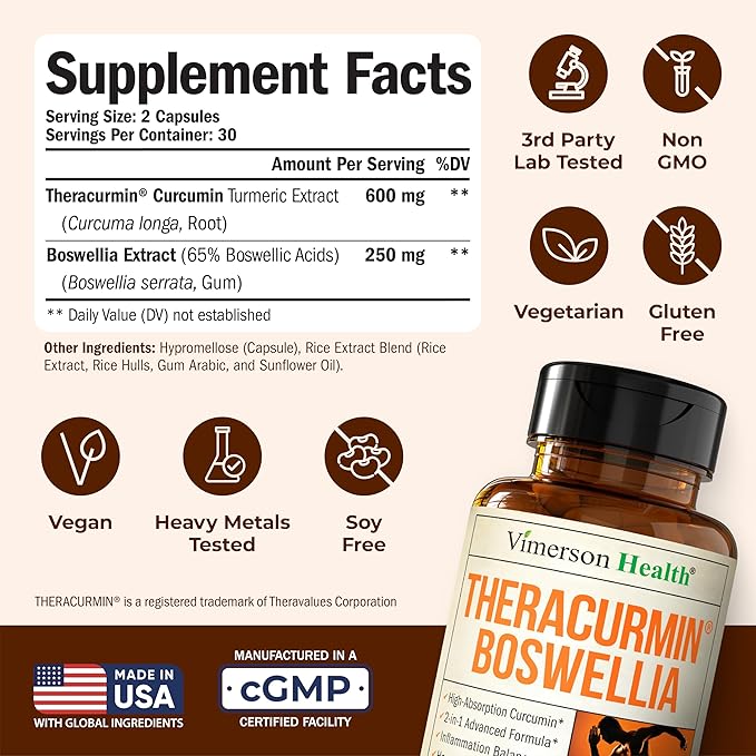 Advanced Turmeric Curcumin Supplement for Joint Support &amp Inflammation – Enhanced Absorption Theracurmin 600mg with Boswellia Serrata for Mobility &amp Recovery – Vegan Gluten Free – 60 Capsules