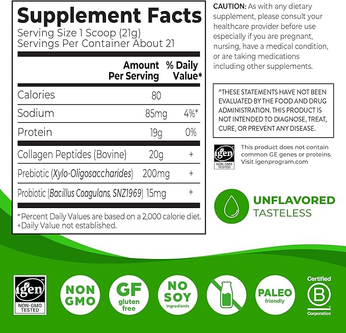 Orgain Hydrolyzed Collagen Peptides + Prebiotic &amp Probiotics Powder for Women &amp Men 20g Grass Fed Collagen 1 Billion CFU - Supports Digestive Hair Skin &amp Joint Health Non-GMO Type I