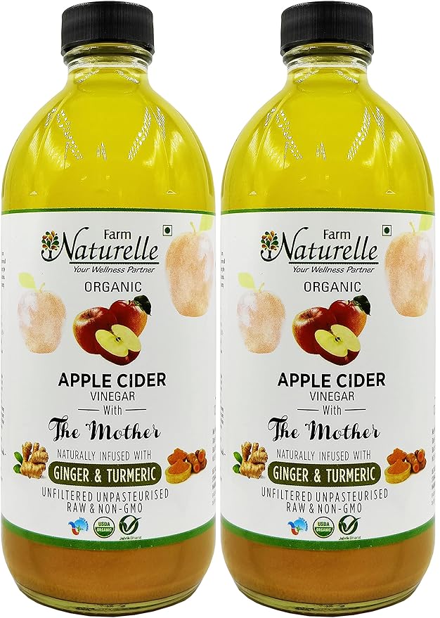 Farm Naturelle Organic Apple Cider Vinegar with Mother and Infused Ginger &amp Turmeric (500 ml) (Glass Bottle)
