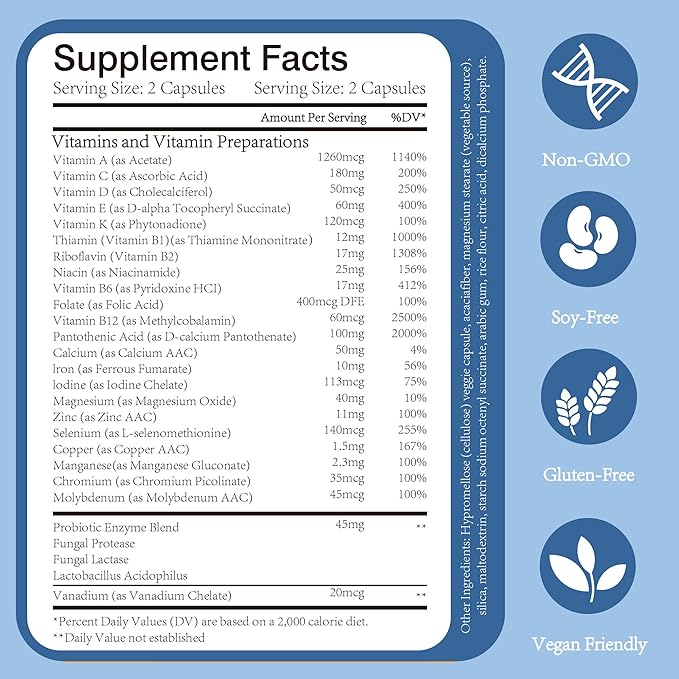 Daily Multivitamin for Women &amp Men 22 Essential Vitamins + Minerals for Energy and Overall Health Gluten Dairy &amp Soy-Free - 120 Capsules