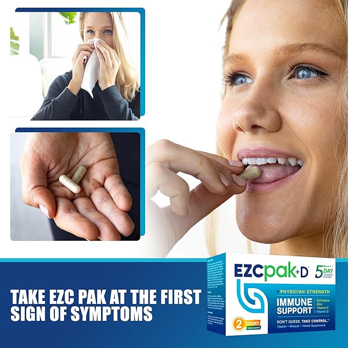 EZC Pak 5-Day Immune System Booster with Echinacea Vitamin C Zinc &amp Vitamin D - Tapered Immune Support Supplement for Adults - Supports Immunity Easy Travel-Size Supplement Pack - (Pack of 2)