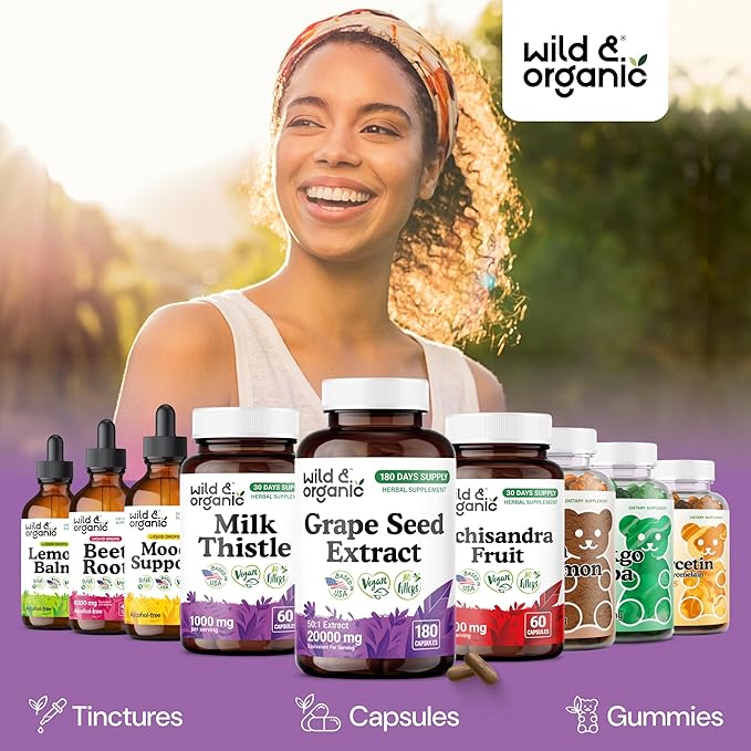 Wild &amp Organic Grape Seed Extract Capsules - 20000 mg Strength Grapeseed Extract Equivalent - 95% Polyphenols - 400 mg per Serving - 180 Vegan Capsules - 6 Month Supply - Non-GMO