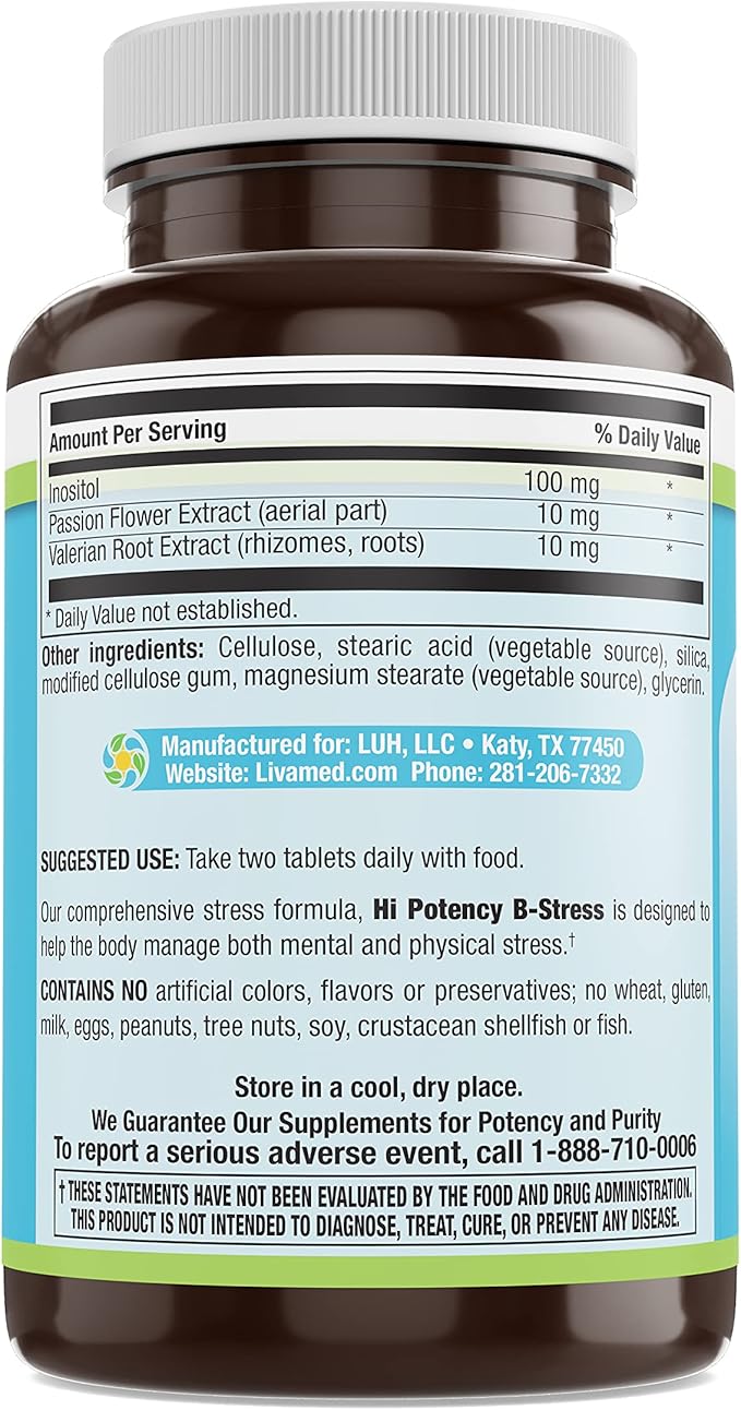 Hi Potency B Stress Complex Vitamins - Cognitive Health Migraine Relief Ascorbic Acid Thiamin Riboflavin Passion Flower and Valerian Root Extract Supplement for Energy and Stress - 180 Tablet