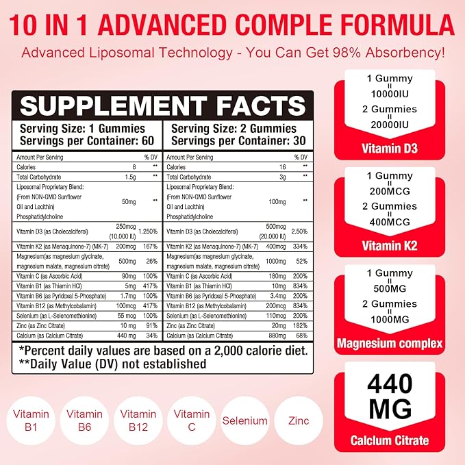 2 Pack Liposomal Vitamin 20000IU D3 + 400mcg K2 SupplmentComplex Magnesium Glycinate Malate &amp Citrate Calcium Zinc Rich In Vitamins B &amp C Stress Relief Relaxation &amp Bone Support fo