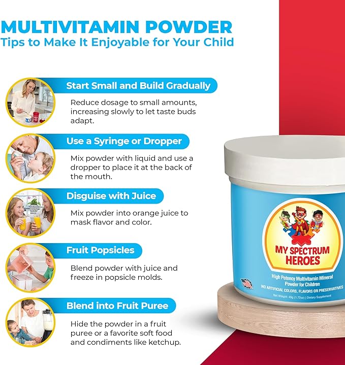 My Spectrum Heroes Kids Powder Multivitamin - Powder Supplement Better Absorption Non-GMO Non-Gluten No Artificial Ingredients - Neural Help for Children on The Spectrum - 30 Servings