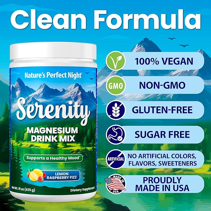 Nature's Perfect Night Melatonin 20mg Quick Dissolve Mixed Berry 180 Count with Serenity Magnesium Powder 15 oz Lemon Raspberry