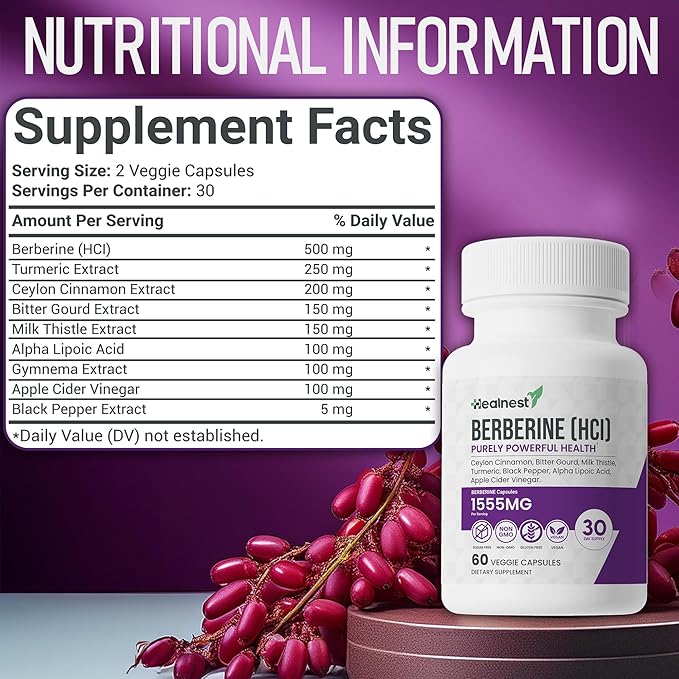 Berberine HCl 500 mg with Ceylon Cinnamon Turmeric Milk Thistle Bitter Gourd &amp Alpha Lipoic Acid - Non-GMO Gluten Free Vegan Capsules - 60 Count