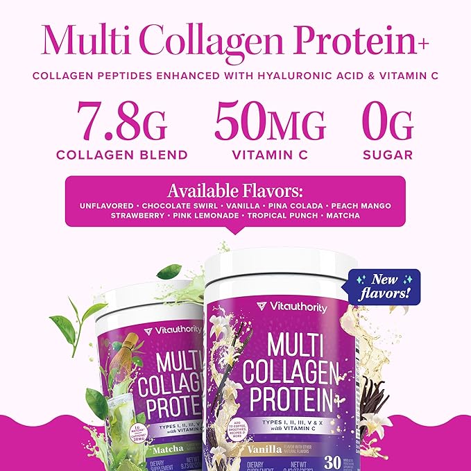 Multi Collagen Peptides Powder for Women - Hydrolyzed Collagen Powder for Women with Types I II III Plus Vitamin C &amp Hyaluronic Acid for Beautiful Hair Skin and Nails 30 Servings Vanilla Flavored