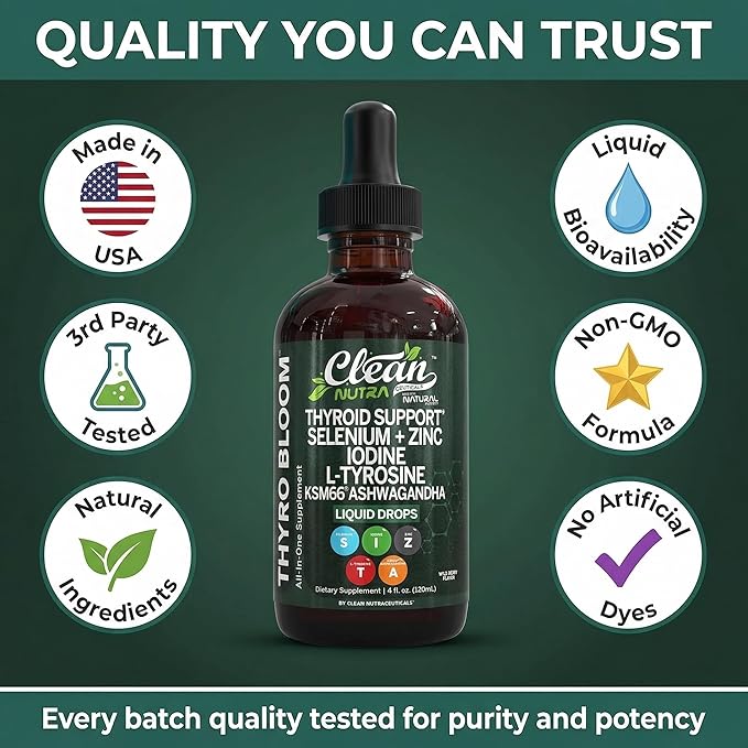 ThyroBloom Thyroid Support for Women Liquid Drops Iodine L-Tyrosine Selenium Copper Ashwagandha Zinc Kelp Bladderwrack Schisandra Guggul Turmeric Vitamin A D3 B12 Folate Supplement by Clean Nutra 4oz