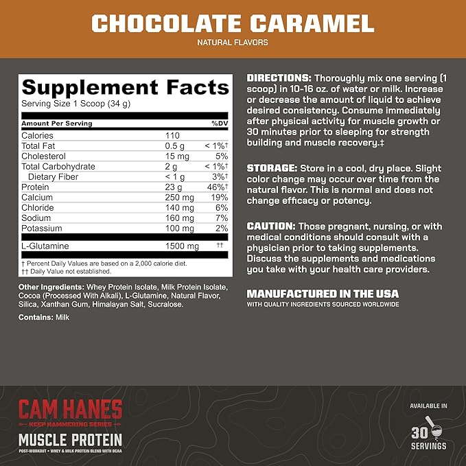 MTN OPS Whey Protein Powder by Cameron Hanes Whey Isolate &amp Concentrate Blend for Muscle Recovery &amp Strength High Protein Shake Chocolate Caramel 30 Servings