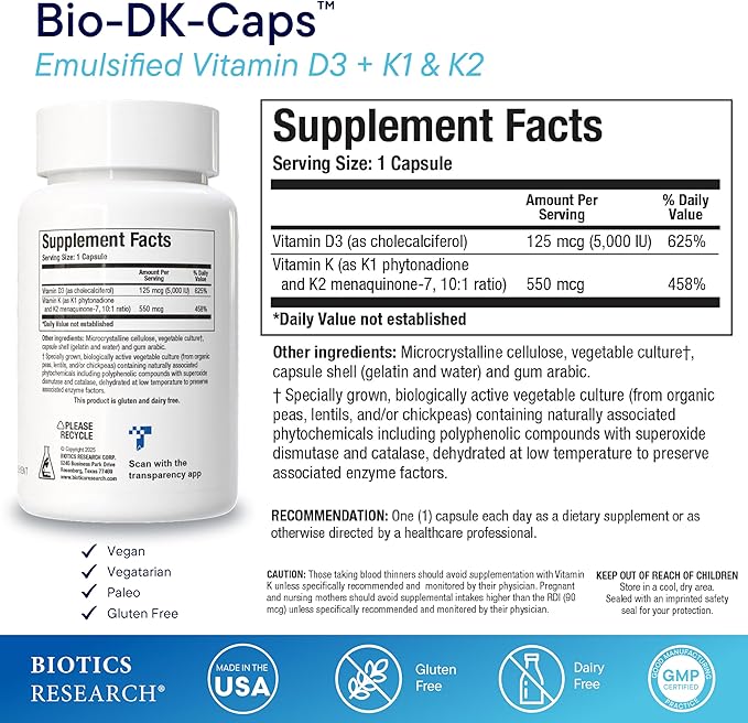 BIOTICS RESEARCH Bio-DK Caps™–Emulsified Vitamin D and K Vitamin D3 125 mcg &amp Vitamin K (k1k2) 550 mcg- MK7– Vitamin D3 K2 K1 Stronger Bones Musculoskeletal Strength Healthy Heart &amp BMI 6