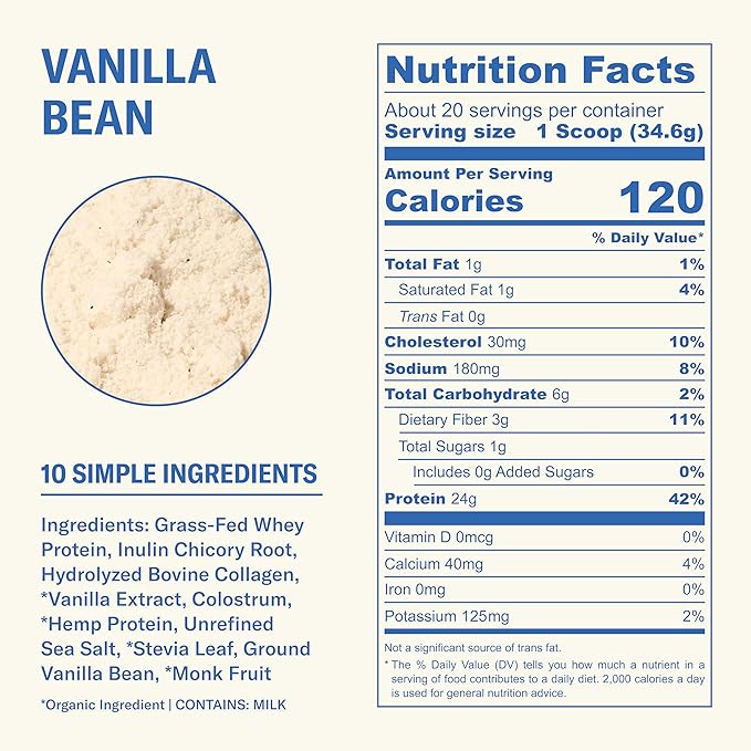 Ballerina Farm Grass Fed Whey Protein Powder Vanilla Bean + Strawberry Crème 24g Protein with Collagen Peptides Bovine Colostrum Hemp Hearts &amp Prebiotic Fiber No Added Sugar 40 Servings Tota