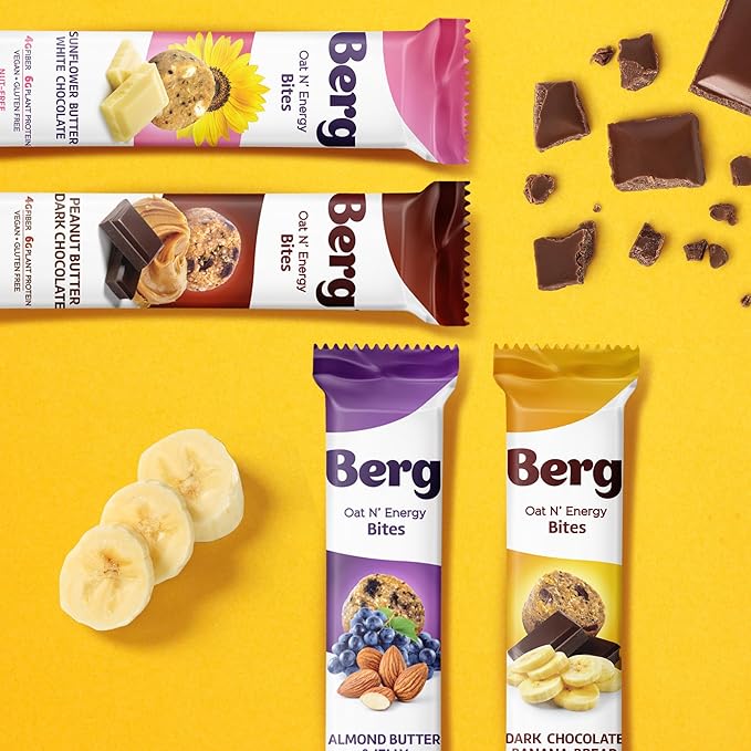 Berg Oat N' Energy Bites - Peanut Butter &amp Dark Chocolate - Non-GMO Gluten Free Dairy Free Soy Free and Vegan - Clean Energy Snack - 1.5oz (8 Pack)