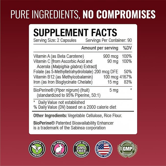 Approved Science Anemiaprin - Absorbable Iron Vitamin C - Gentle On Stomach - 180 Capsules - 3 Month Supply - Non-GMO Vegan