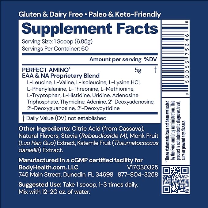 BodyHealth PerfectAmino Powder - BCAA and EAA Powder for Pre and Post Workout - Amino Acid Energy Drink for Men and Women to Support Lean Muscle and Recovery - Lemon Lime - 60 Servings