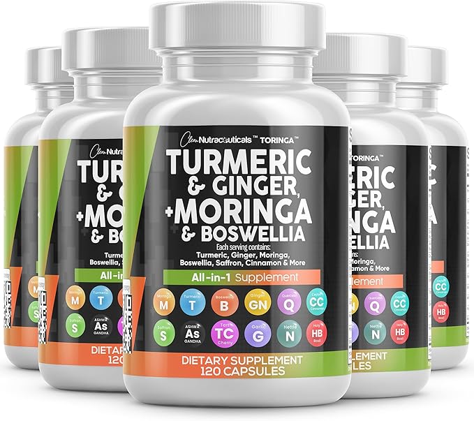Turmeric Moringa Supplement | Ginger Boswellia Saffron - Supplement for Women and Men with Ceylon Cinnamon Tart Cherry Quercetin Garlic Nettle Holy Basil - 5Pack