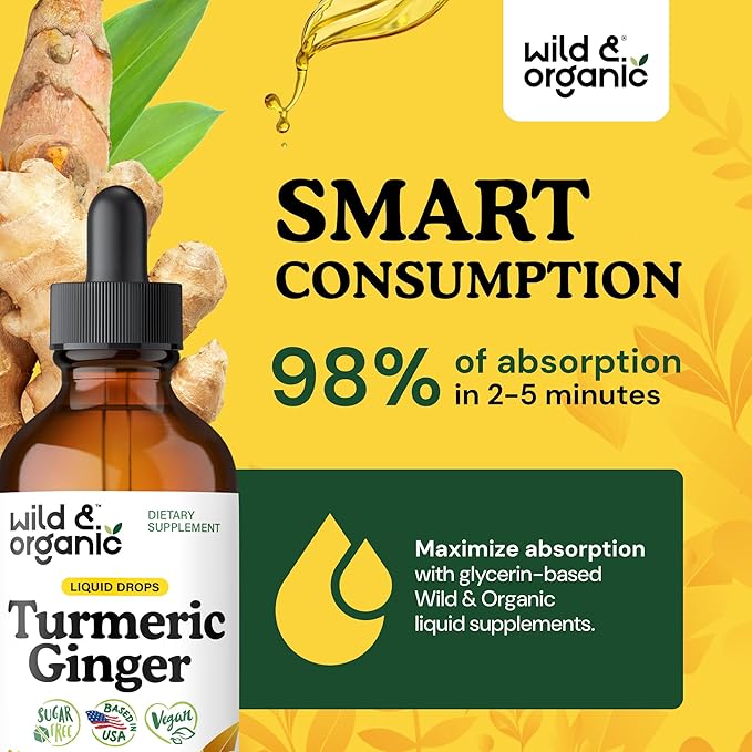 Wild &amp Organic Turmeric and Ginger Supplement Drops - Joint &amp Immune Support - Liquid Turmeric Curcumin with Black Pepper and Ginger - Curcumin Supplement - Vegan Sugar &amp Alcohol-Free Tin